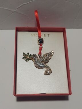 Monet Gold-Tone Dove Ornament with Green Leaf and Red Ribbon